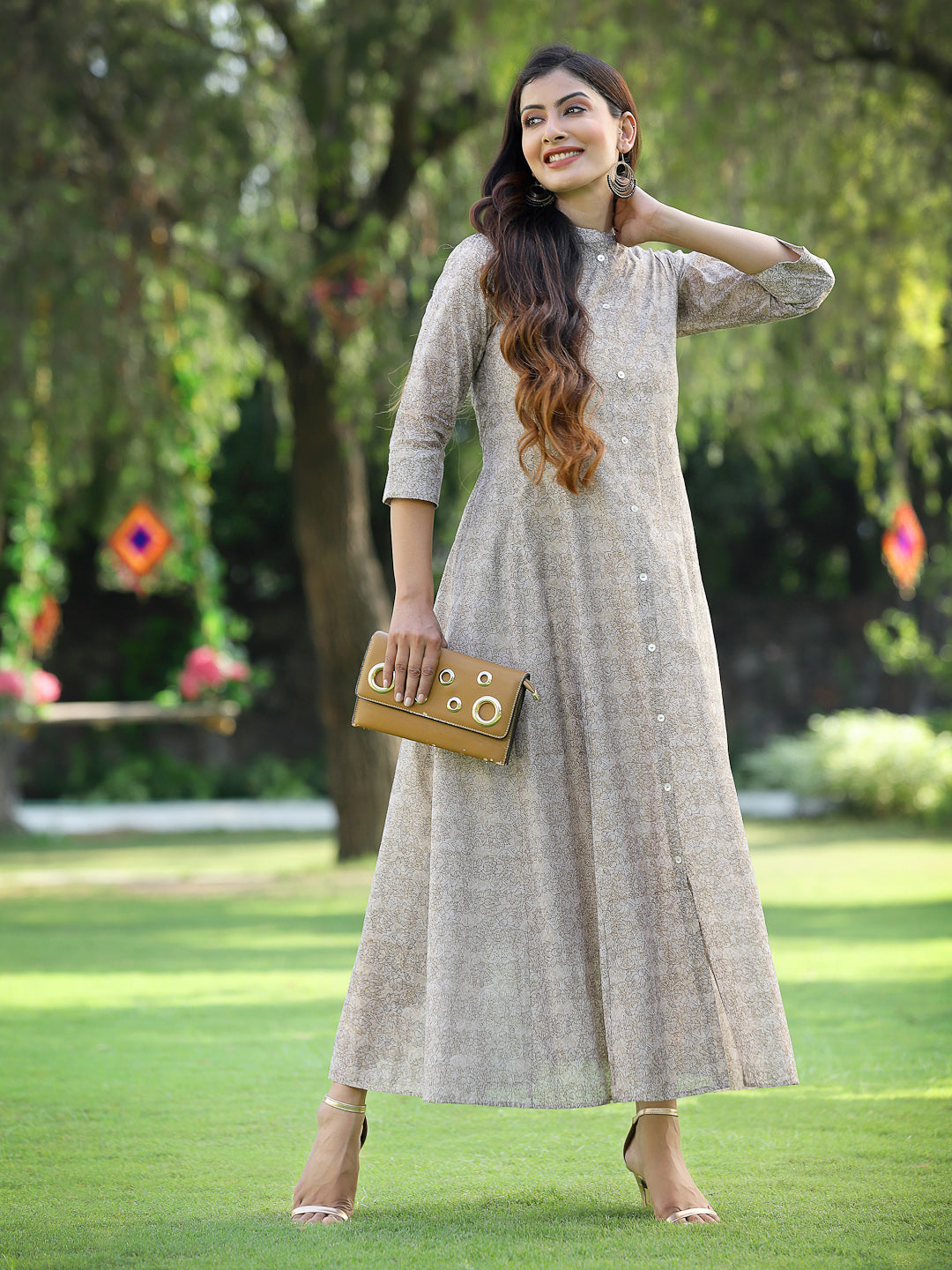 Beige Chanderi Silk Printed Anarkali Kurta