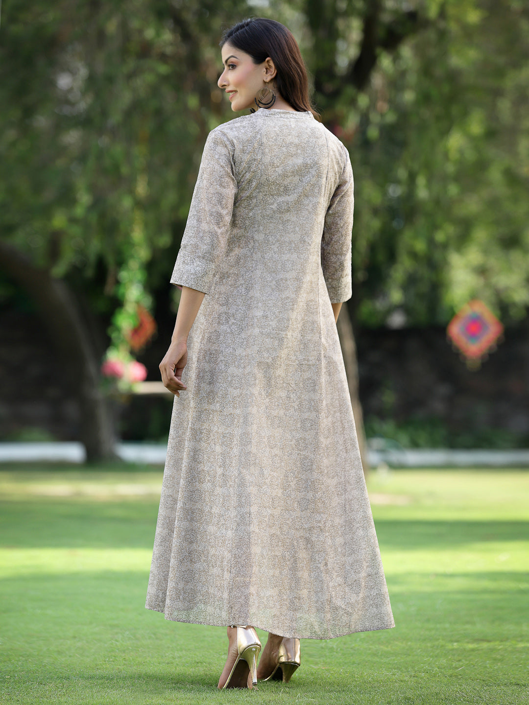 Beige Chanderi Silk Printed Anarkali Kurta