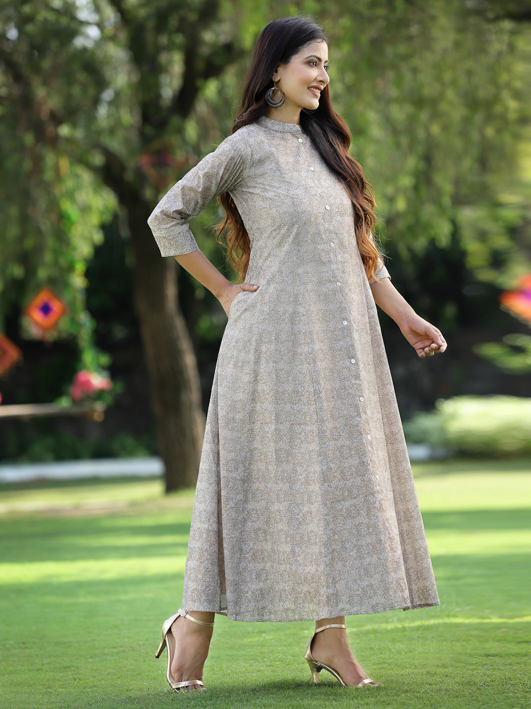 Beige Chanderi Silk Printed Anarkali Kurta