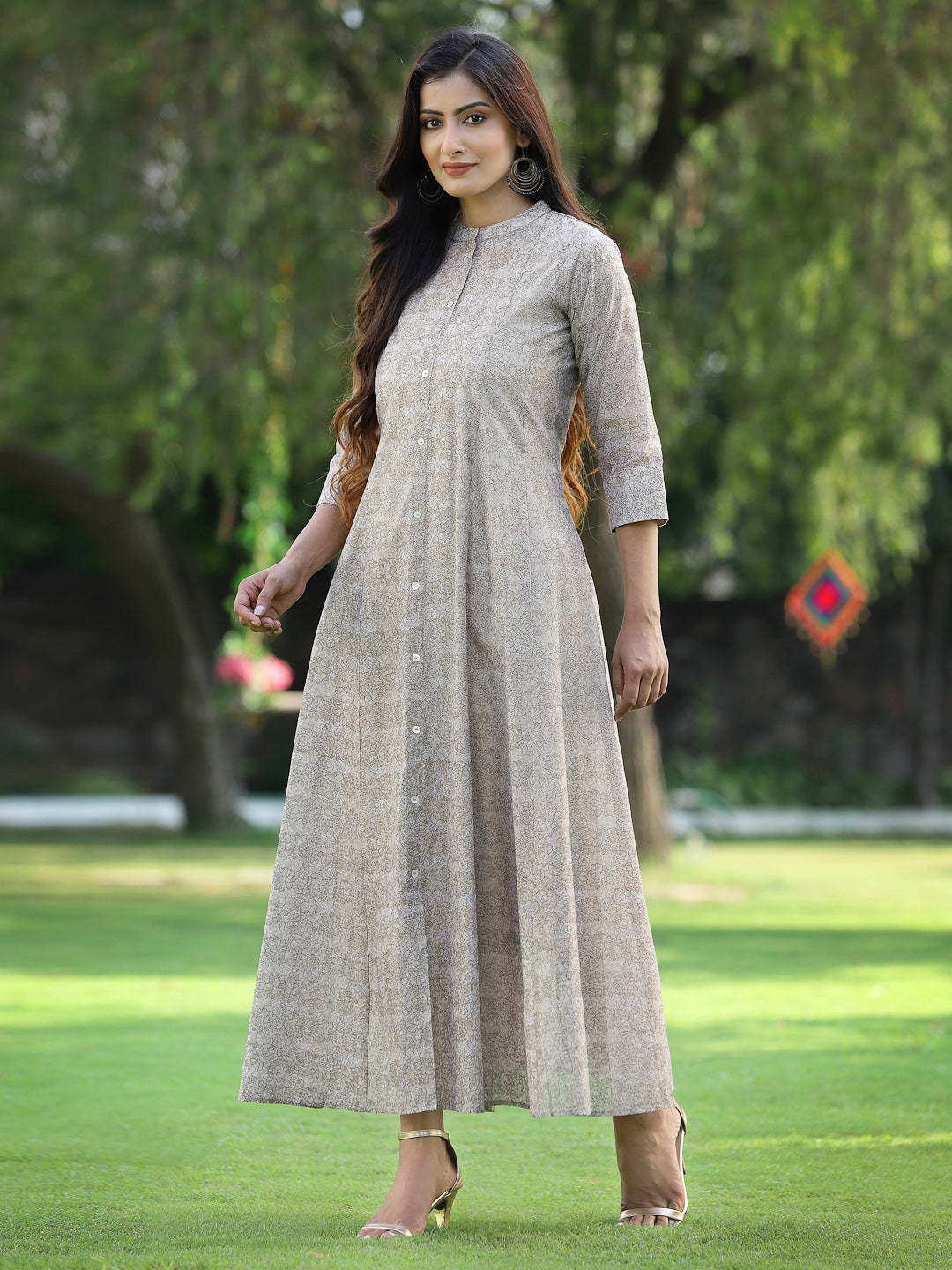 Beige Chanderi Silk Printed Anarkali Kurta