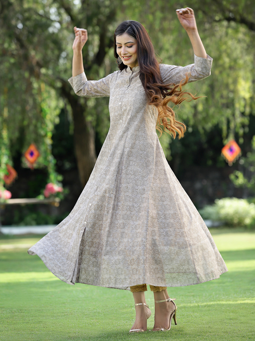 Beige Chanderi Silk Printed Anarkali Kurta