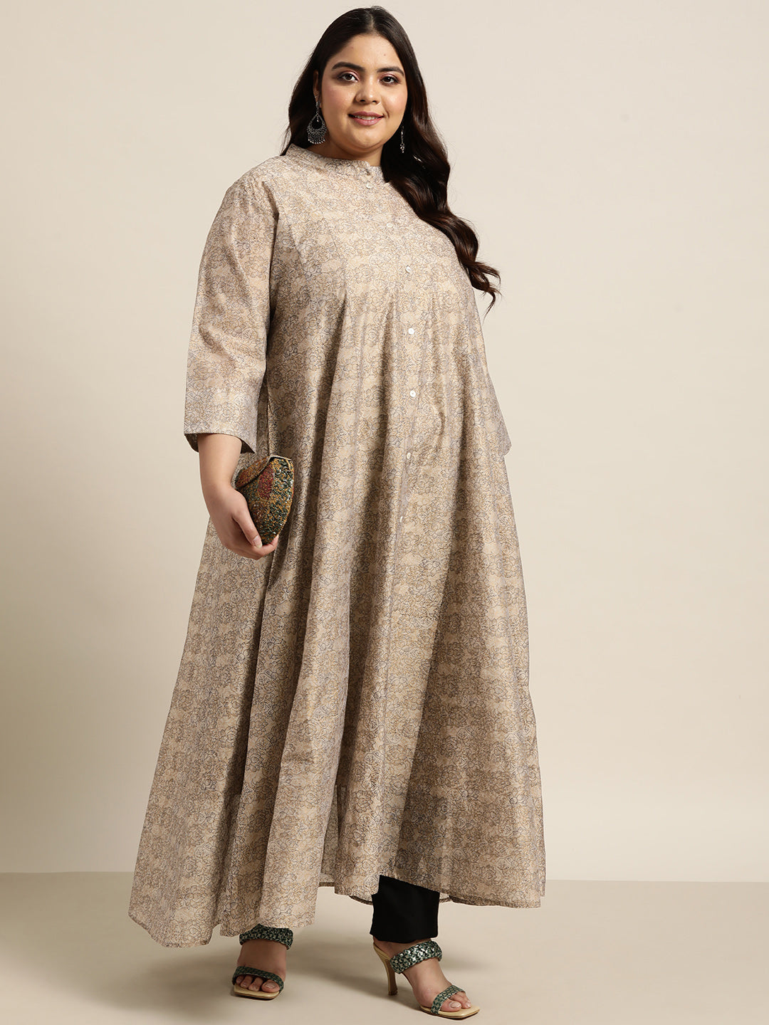 Beige Rayon Festive Wear Printed Anarkali Kurta