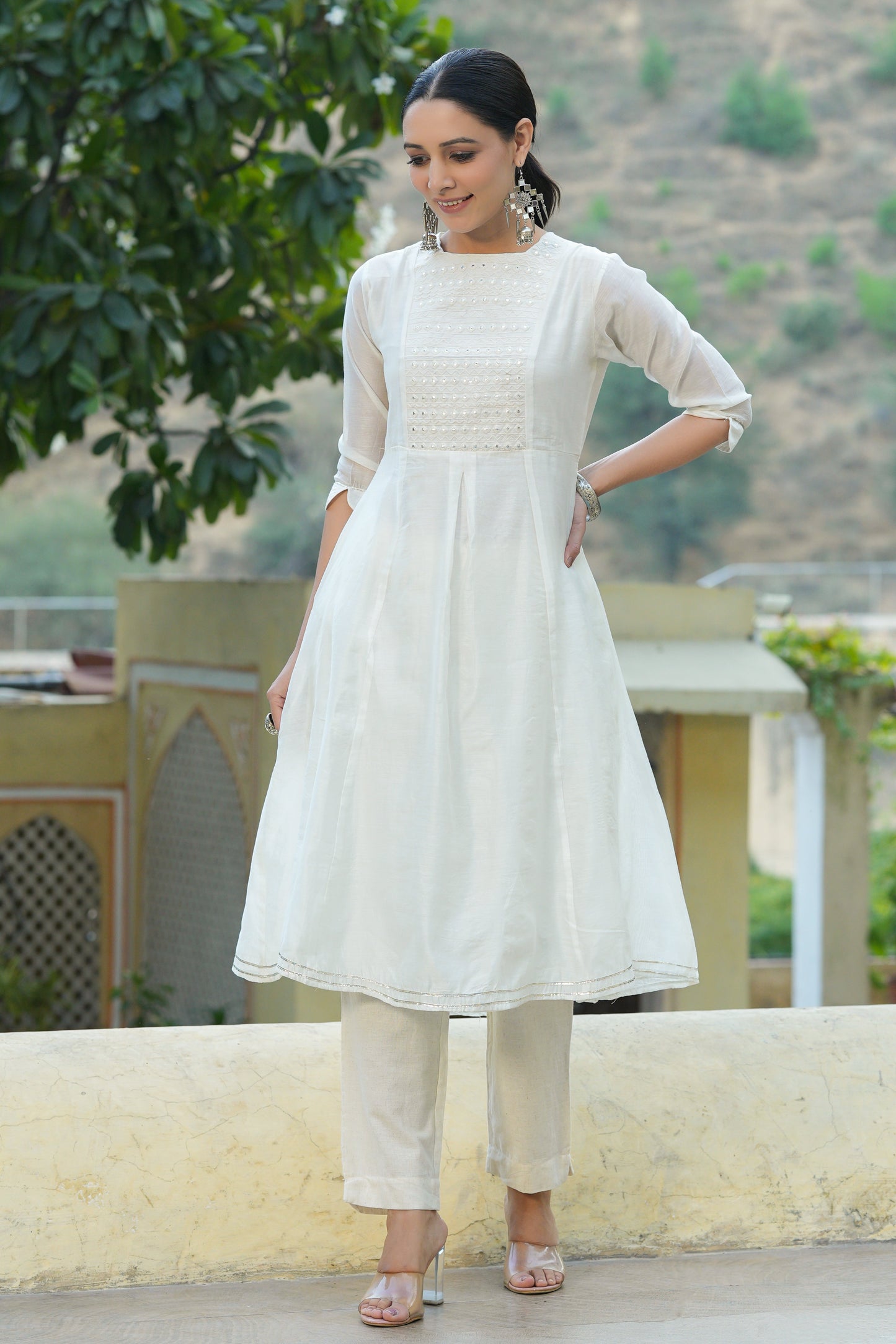 White Cotton Chanderi Embellished A-Line Kurta