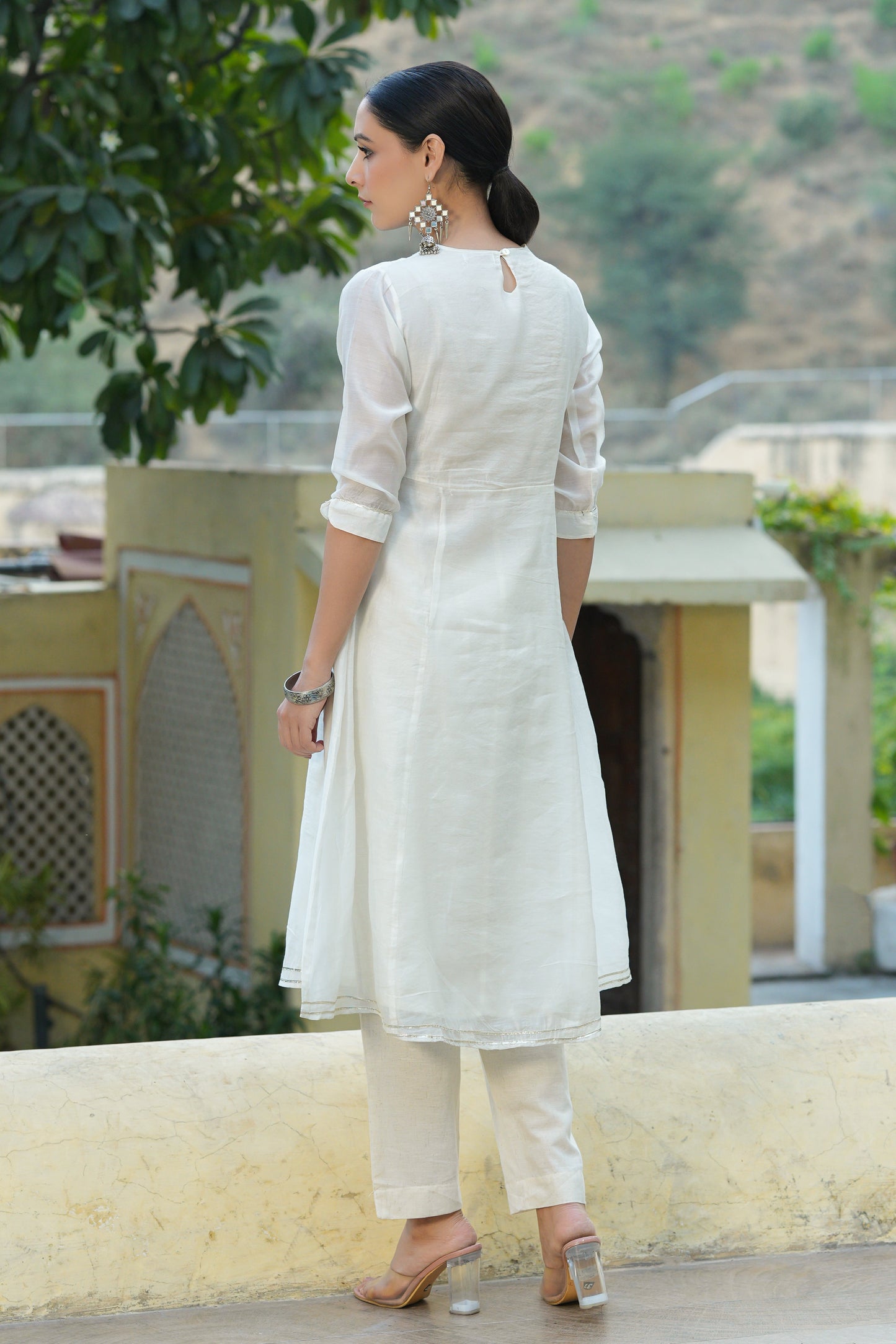 White Cotton Chanderi Embellished A-Line Kurta