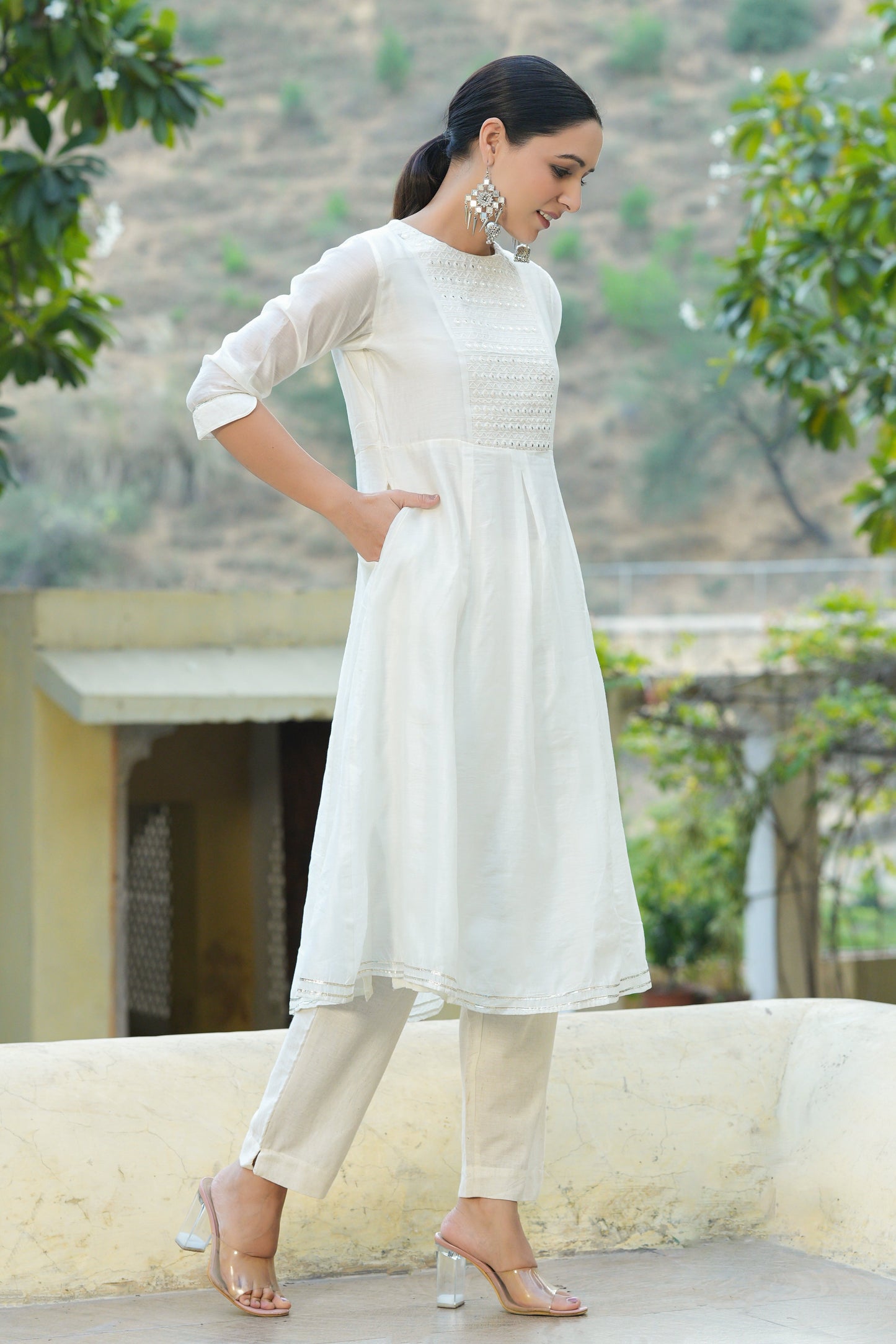 White Cotton Chanderi Embellished A-Line Kurta