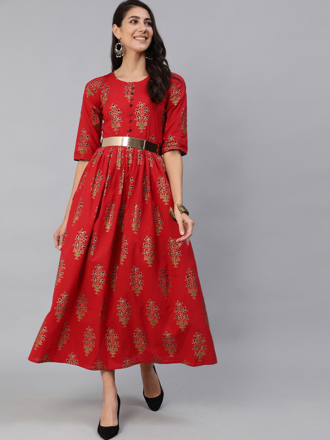 Women Red & Gold Printed Maxi Dress With Three Quarter Sleeves Trendphoria Women Red & Gold Printed Maxi Dress With Three Quarter Sleeves Trendphoria