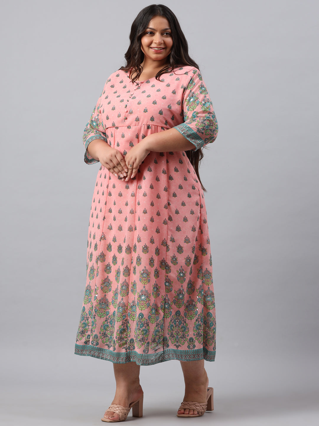 Pink Georgette Printed Flared Dress