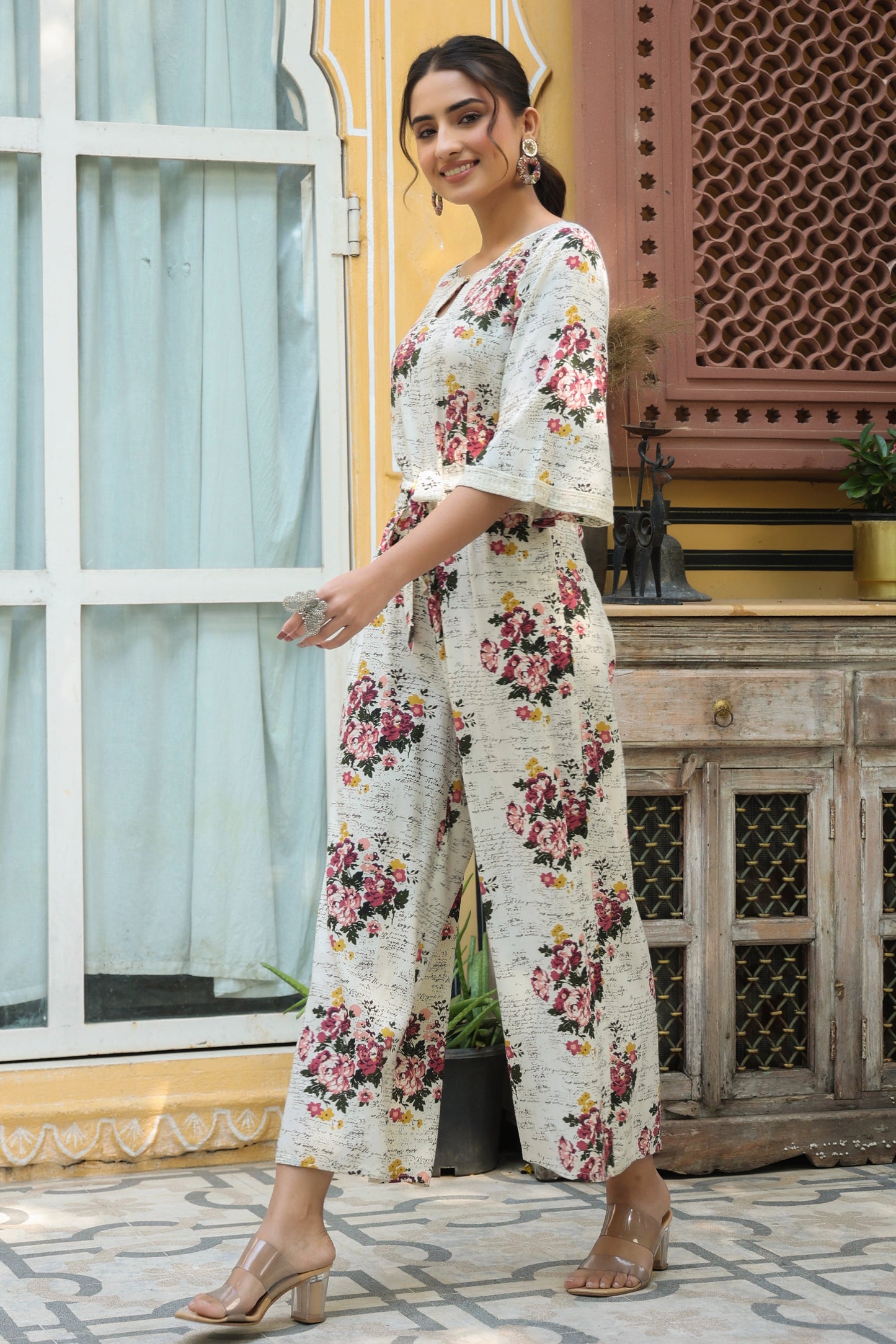 Offwhite Rayon Slub Printed Regular Jumpsuit