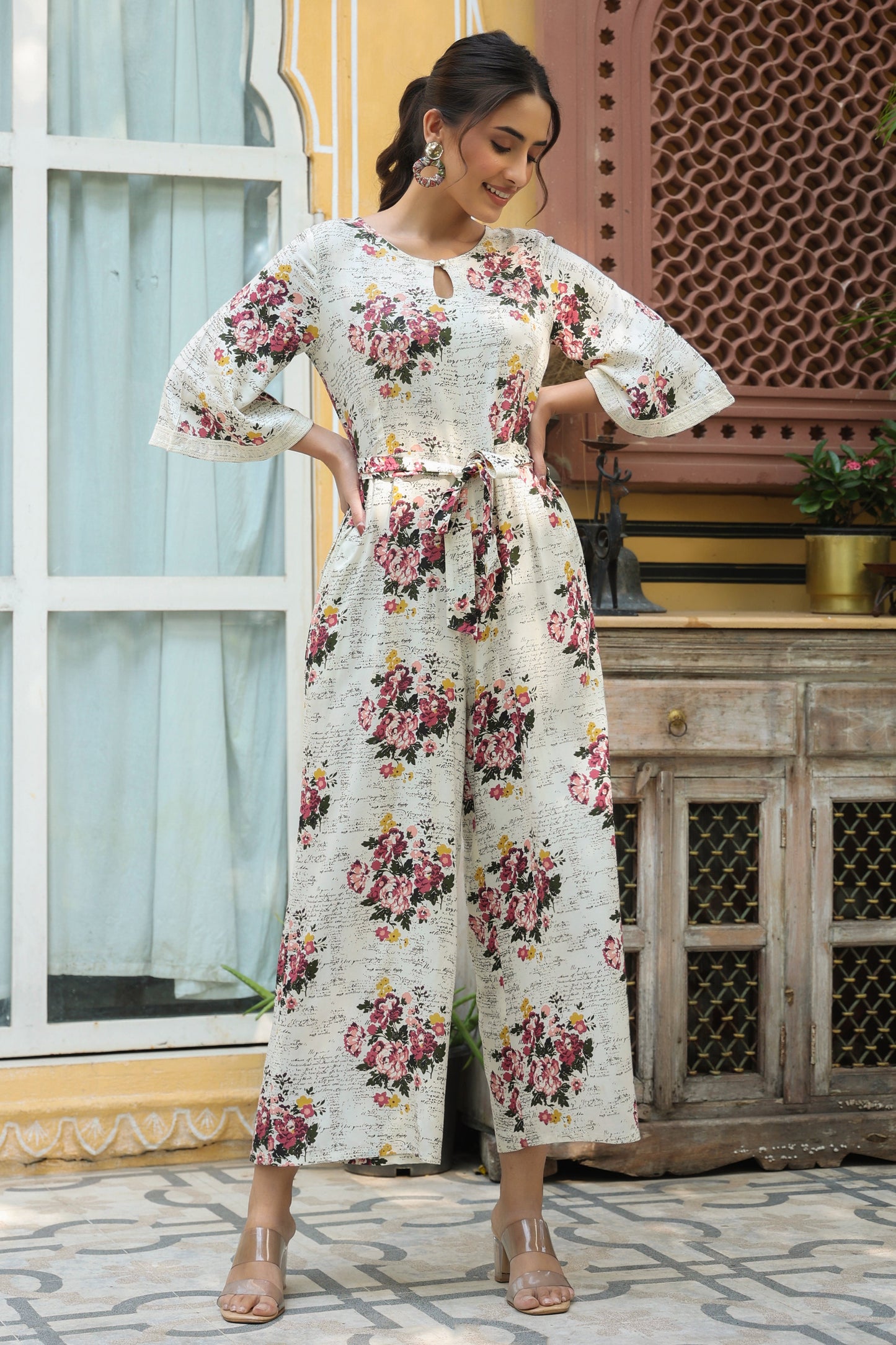 Offwhite Rayon Slub Printed Regular Jumpsuit