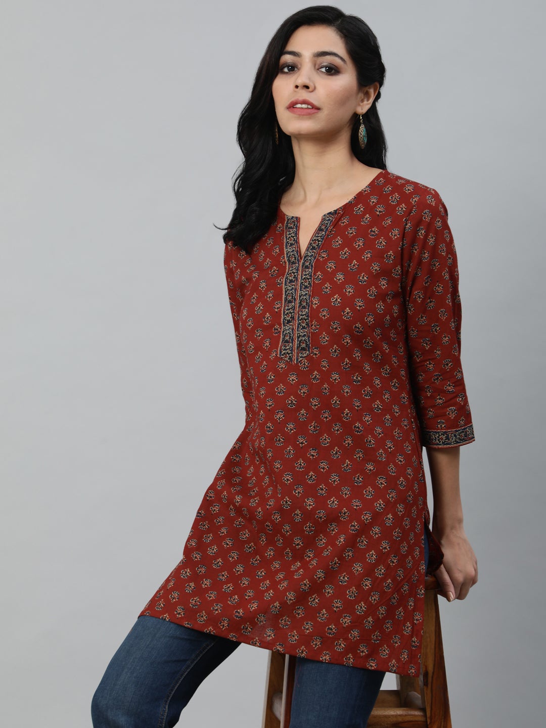 Maroon Printed Tunic With Three Quarter Sleeves