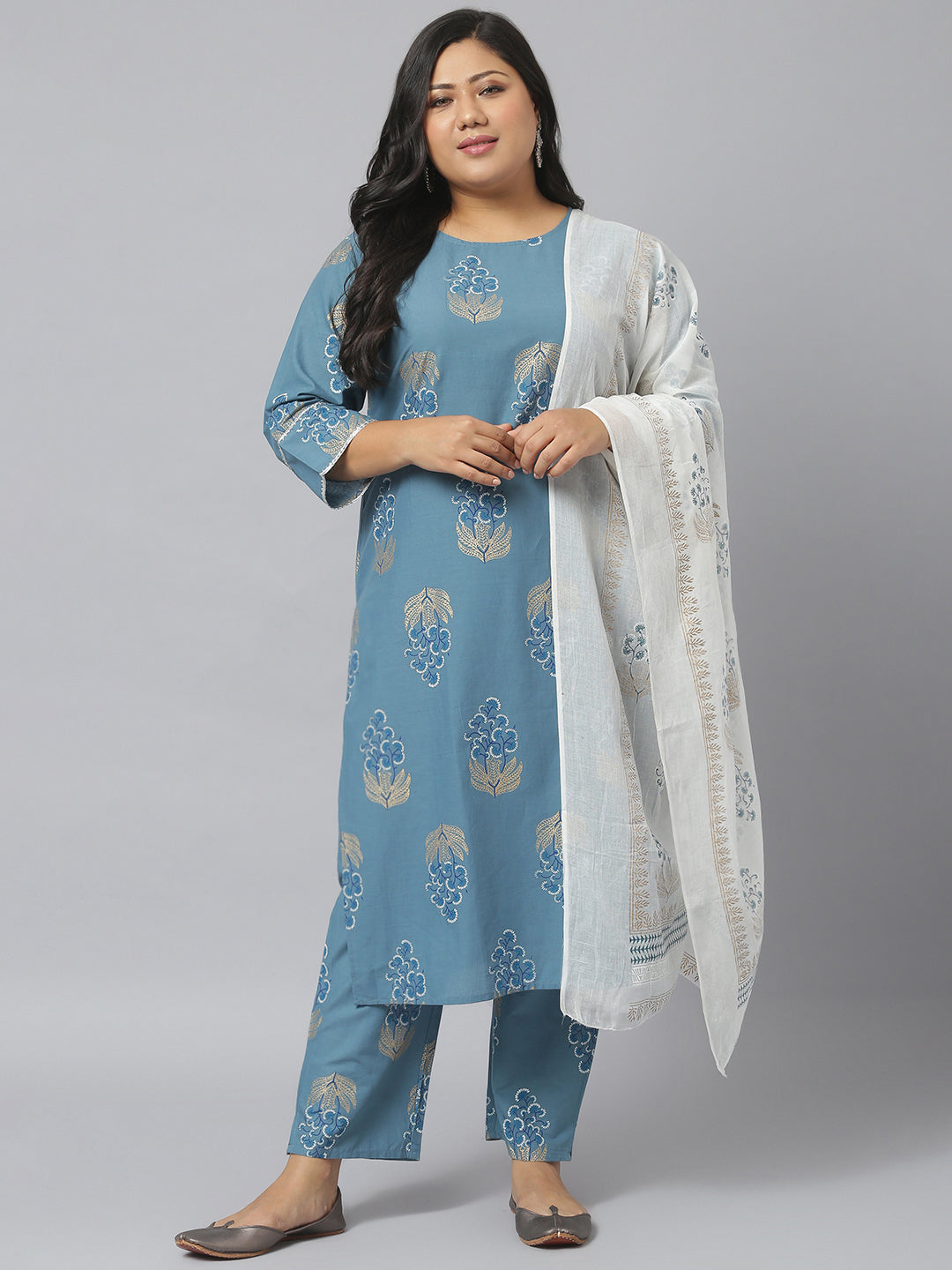 Women Floral Print Cotton Straight Kurta Pant Dupatta Set
