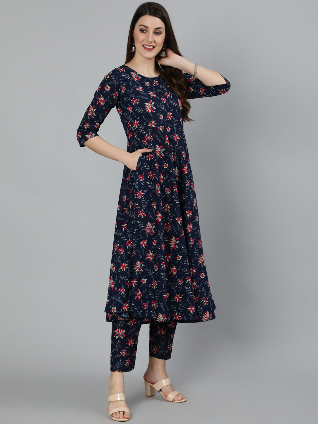 Navy Blue & Pink Floral Printed Flared kurta And Trouser With Dupatta
