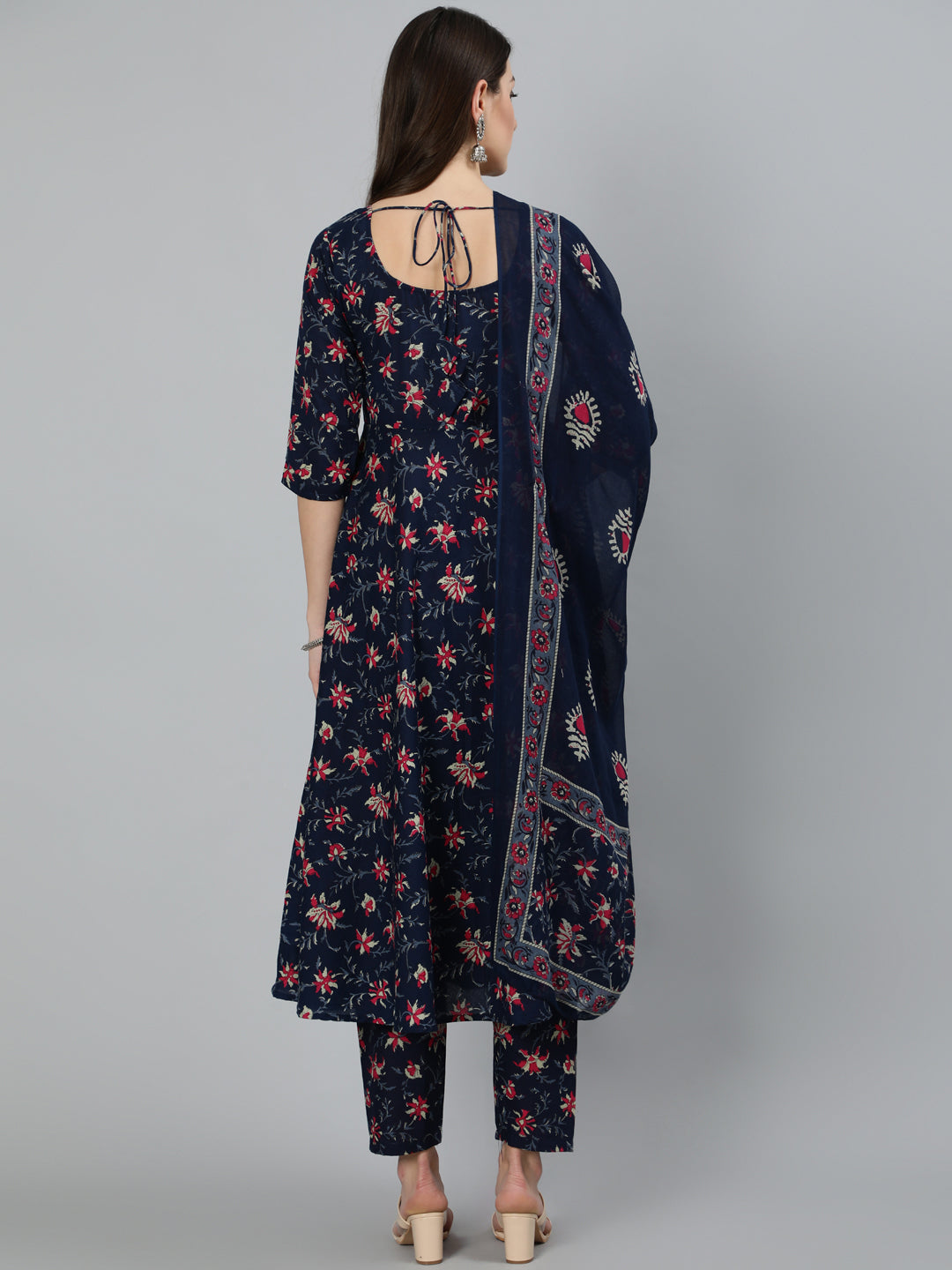 Navy Blue & Pink Floral Printed Flared kurta And Trouser With Dupatta