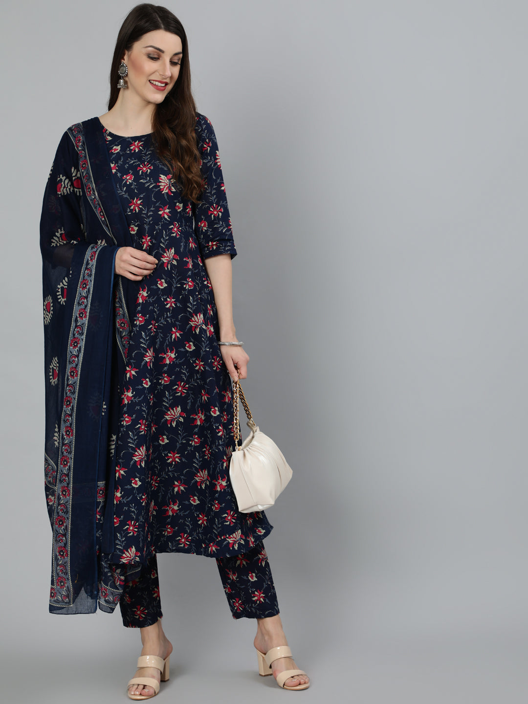 Navy Blue & Pink Floral Printed Flared kurta And Trouser With Dupatta