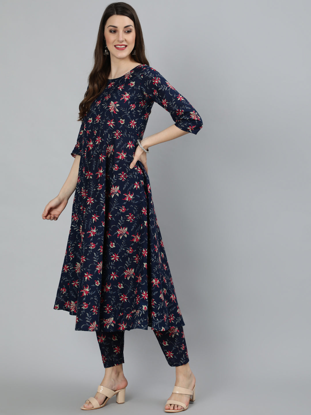 Navy Blue & Pink Floral Printed Flared kurta And Trouser With Dupatta