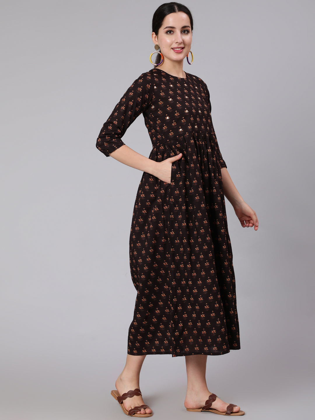 Brown Embroidred Flared Dress With Three Quarter Sleeves