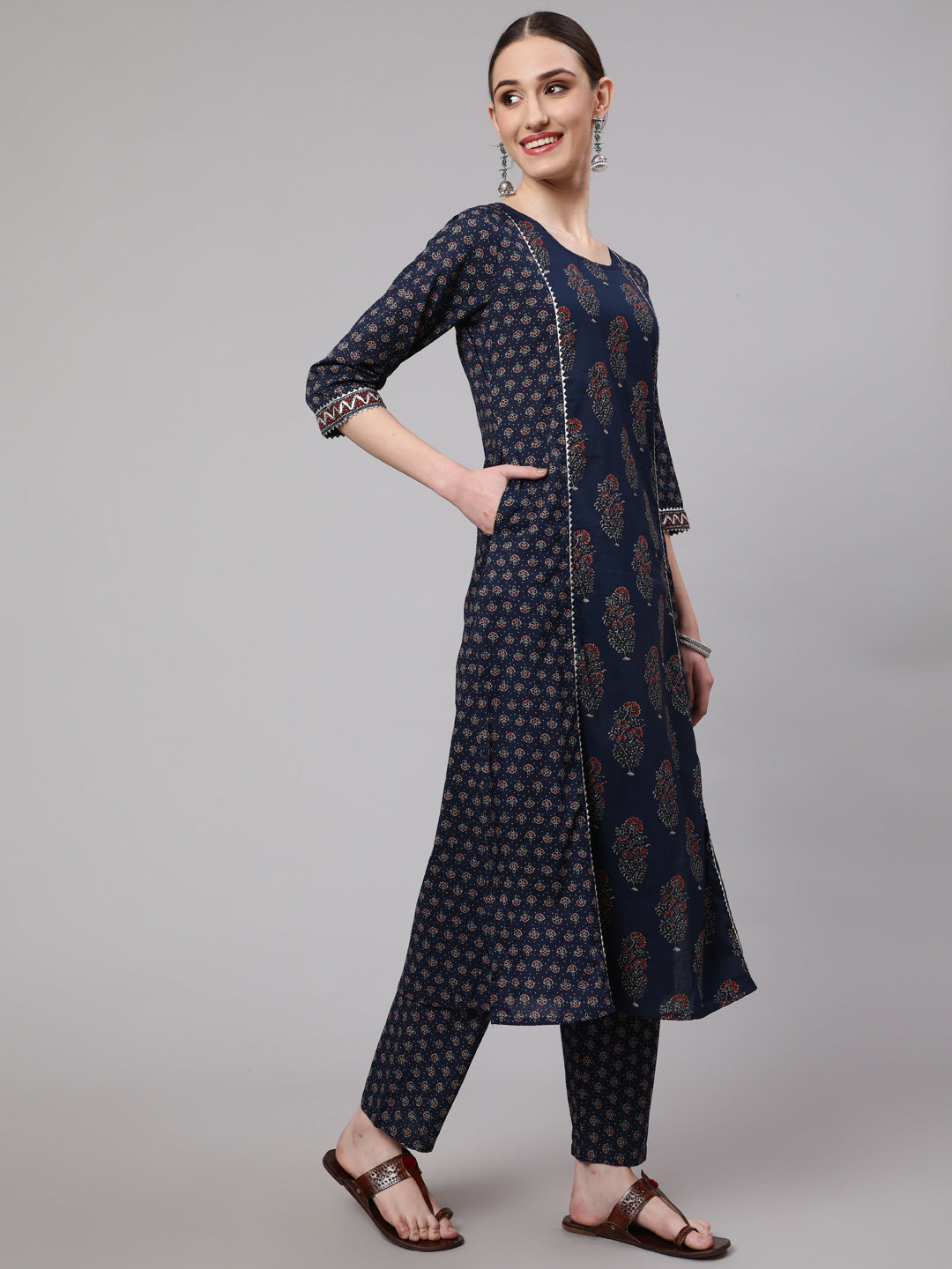 Blue Ethnic Printed Kurta With Trouser And Dupatta