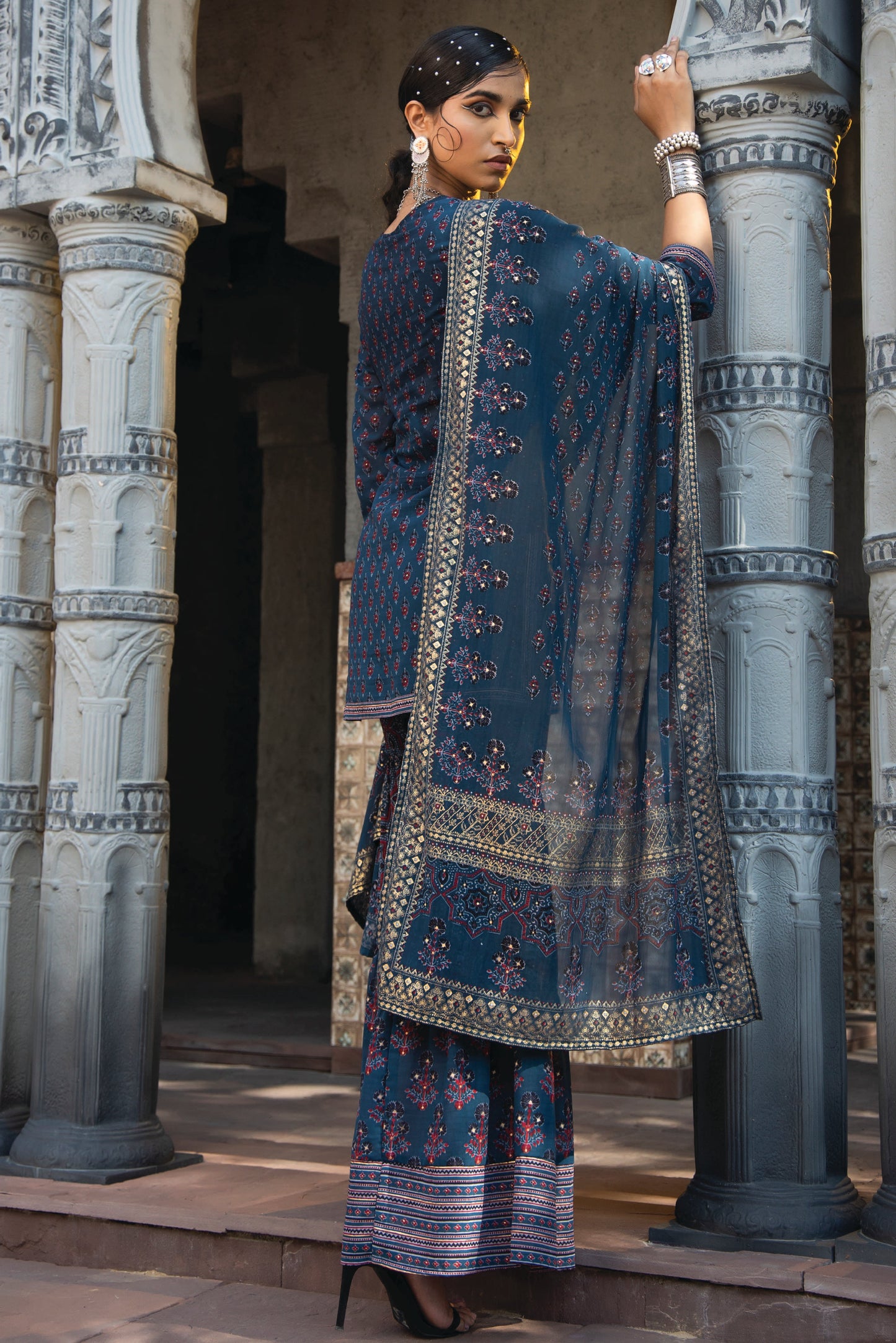 Teal Georgette Festive Floral Print Straight Tunic-Sharara Dupatta