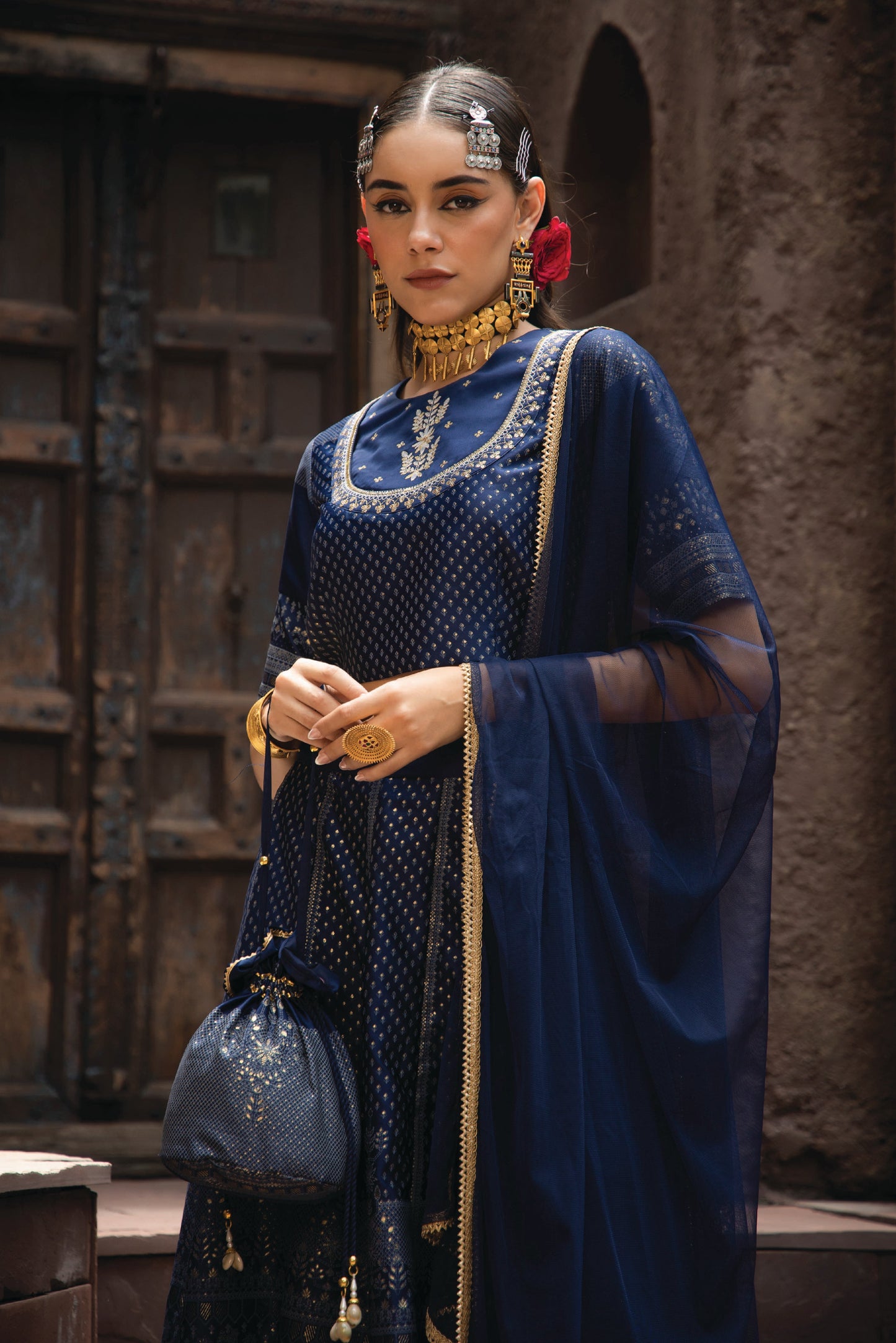 NAVY DULL SATI POLYSTER NET FESTIVE EMBROIDERED CROP LEHENGA CHOLI DUPATTA FOR WOMEN