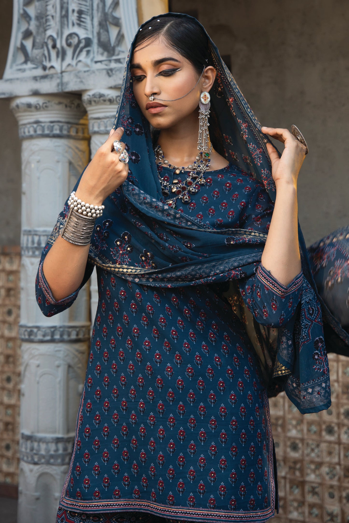 Teal Georgette Festive Floral Print Straight Tunic-Sharara Dupatta