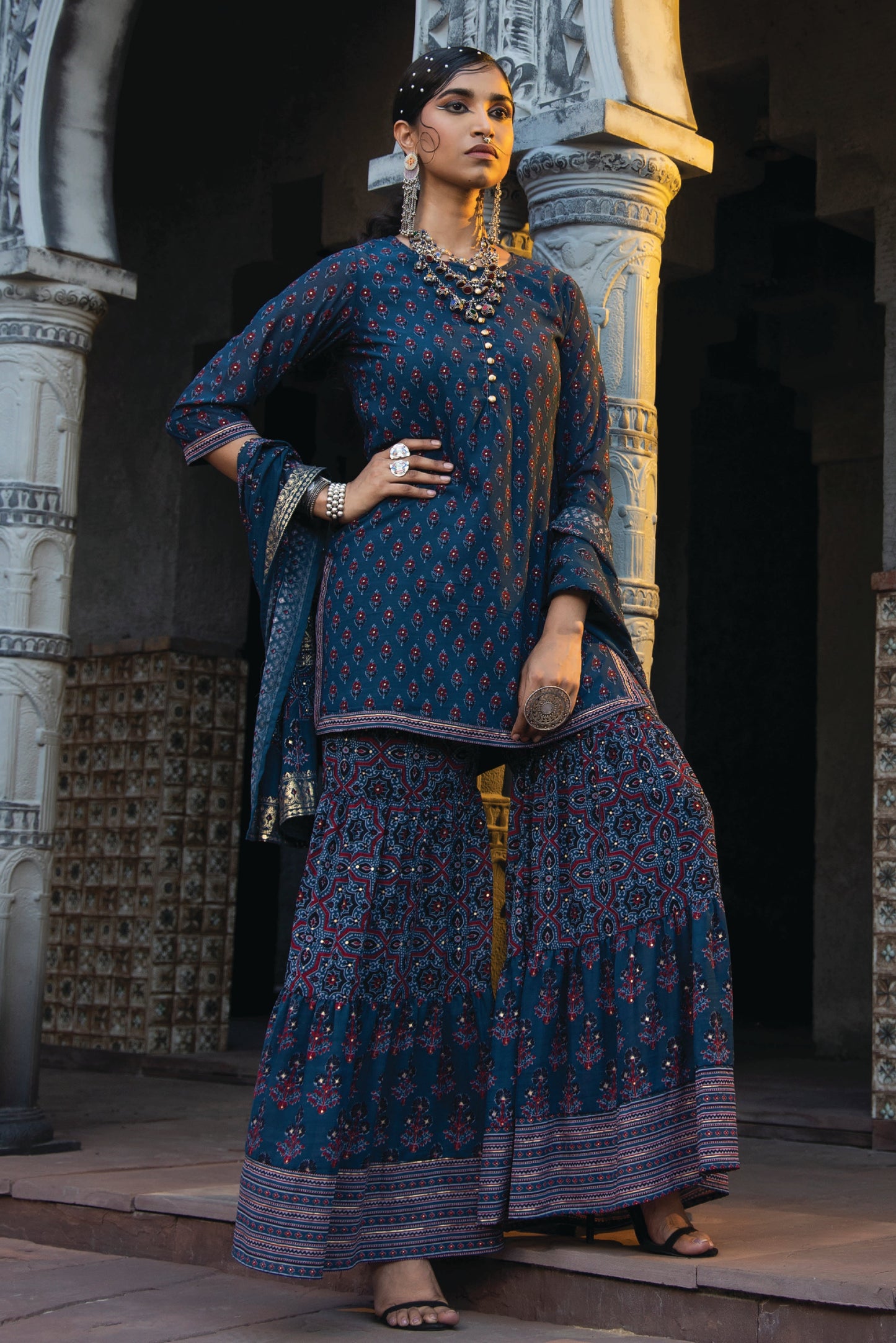 Teal Georgette Festive Floral Print Straight Tunic-Sharara Dupatta