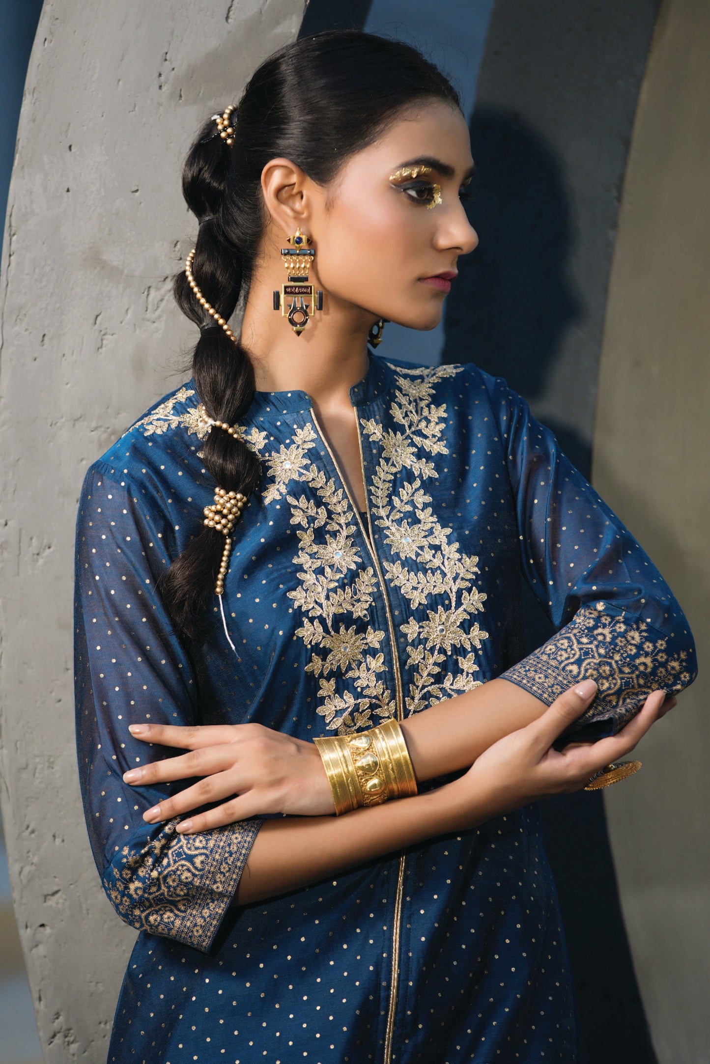 Blue Chanderi Festive Embroidered Polka Dot Printed A-Line Kurta