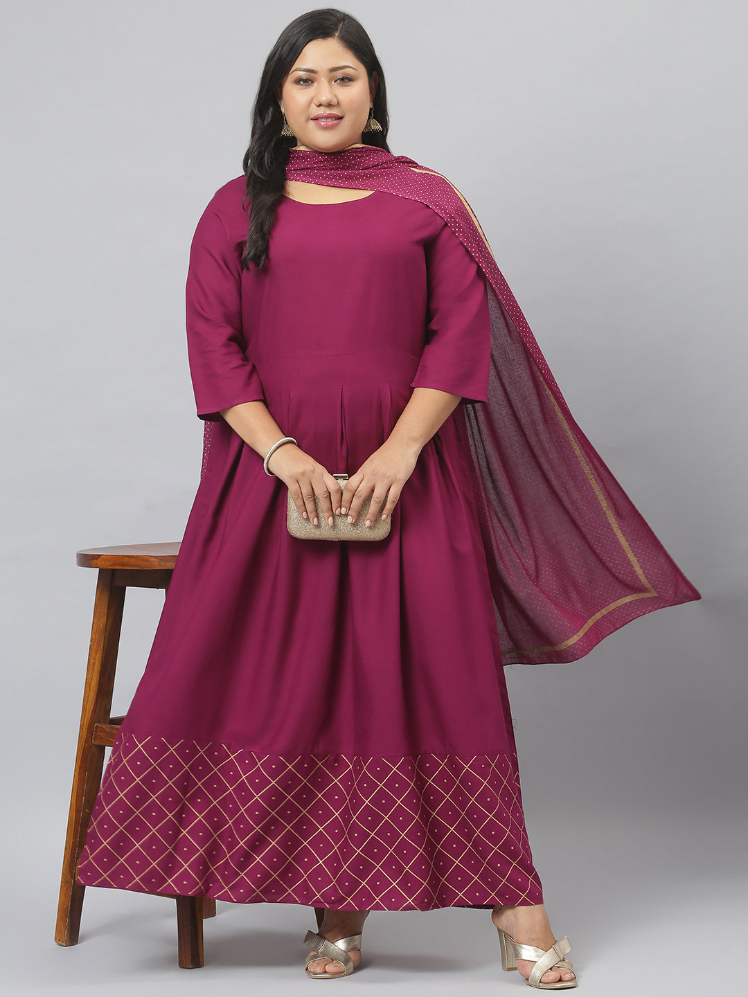 Gold Printed Rayon Flared Kurta Dupatta Set