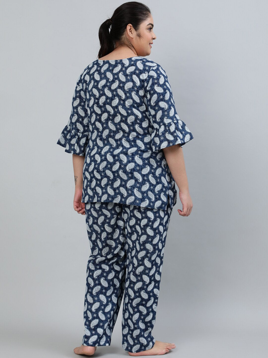 Plus Size Women Blue Printed Night Suit With Half Sleeves