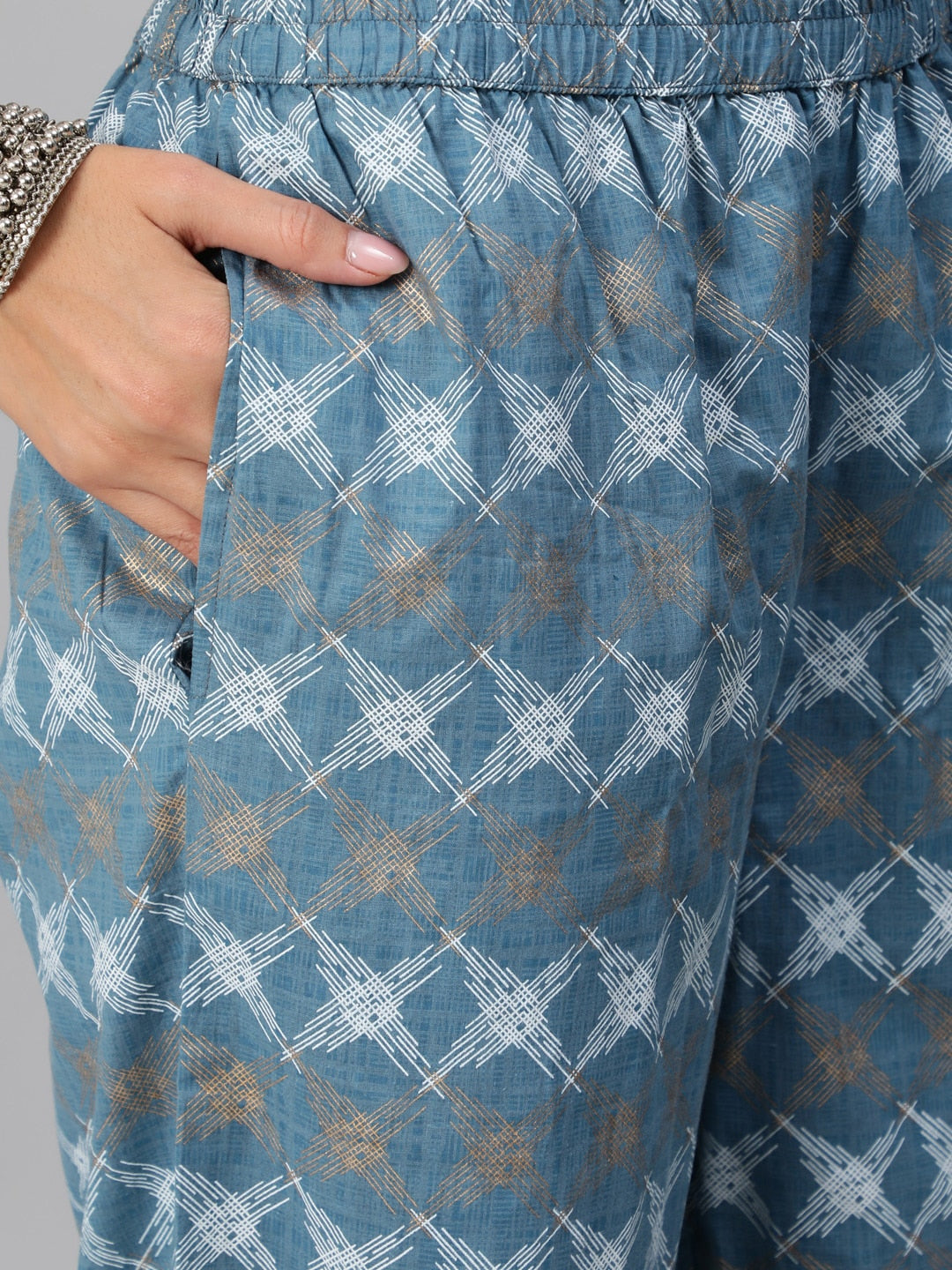 Women Blue & Gold Printed Kurta Set With Plazo & Dupatta