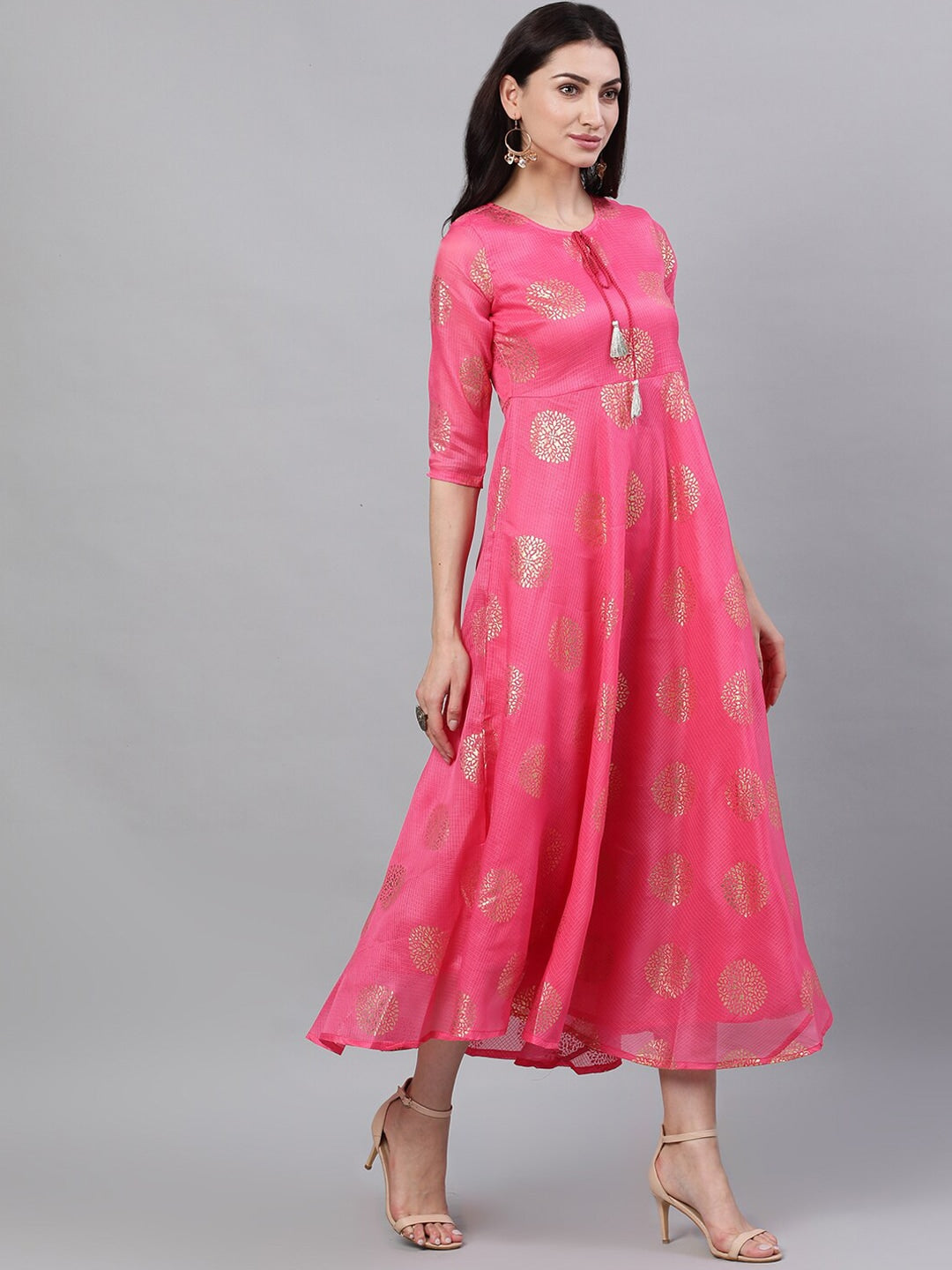 Women Pink Ethnic Motifs Printed Tie-Up Neck Cotton Maxi Dress With Dupatta