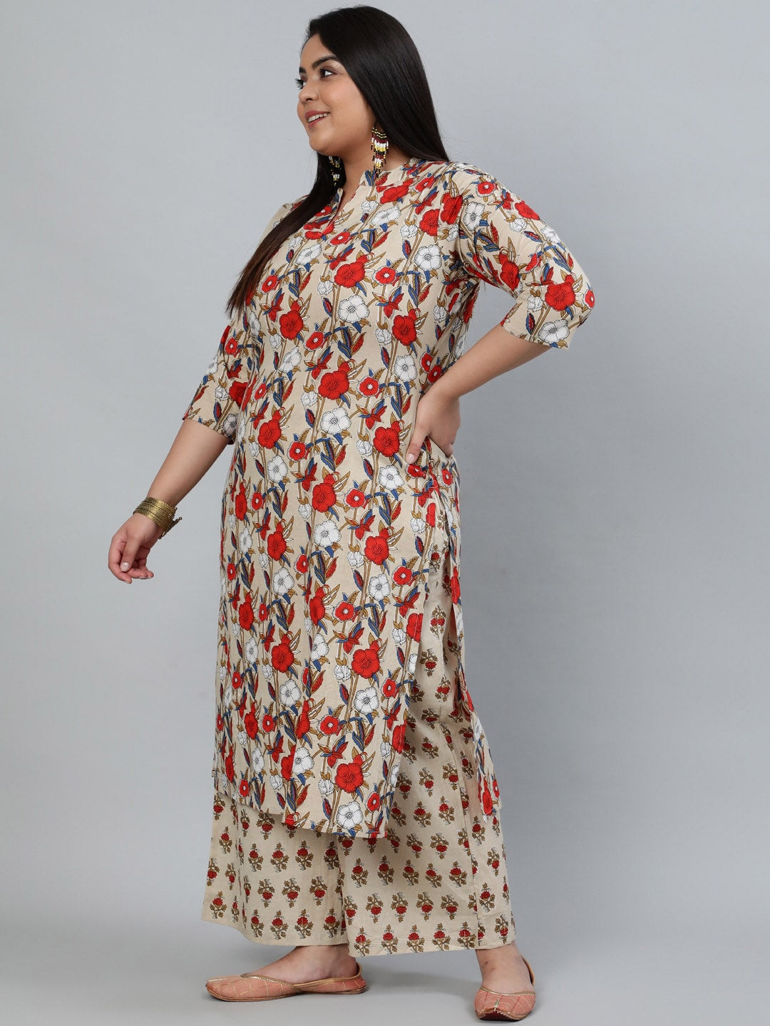 Plus Size Women Cream Printed Straight Kurta With Palazo & Dupatta