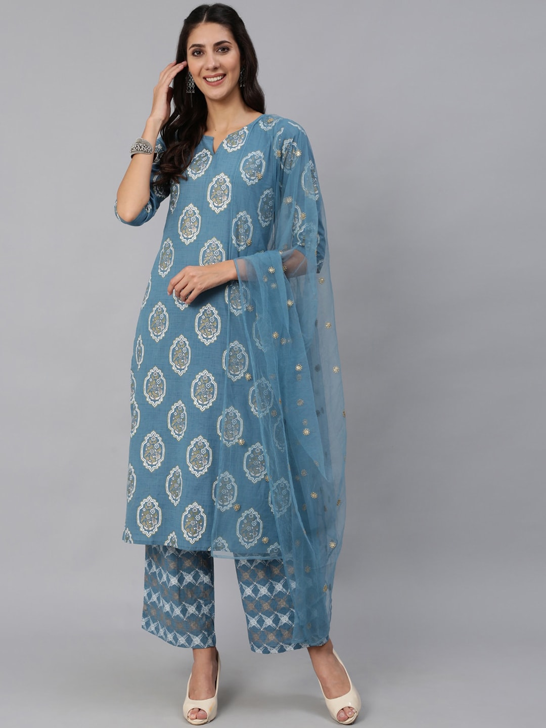 Women Blue & Gold Printed Kurta Set With Plazo & Dupatta