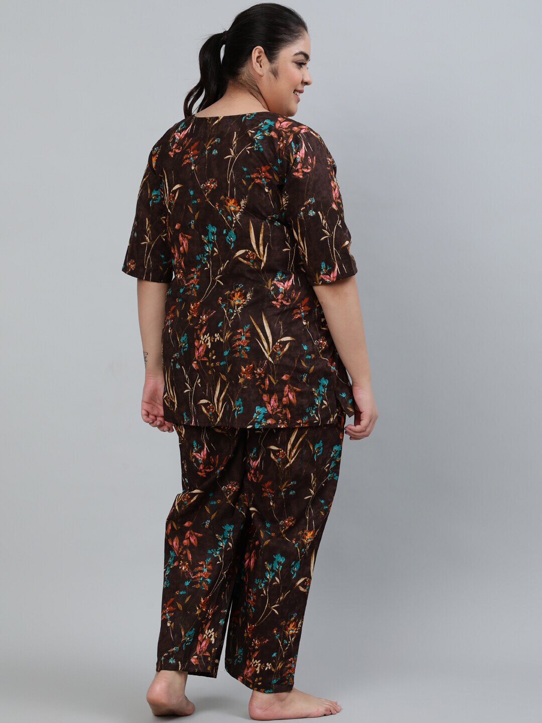 Plus Size Women Brown Floral Printed Night Suit With Half Sleeves
