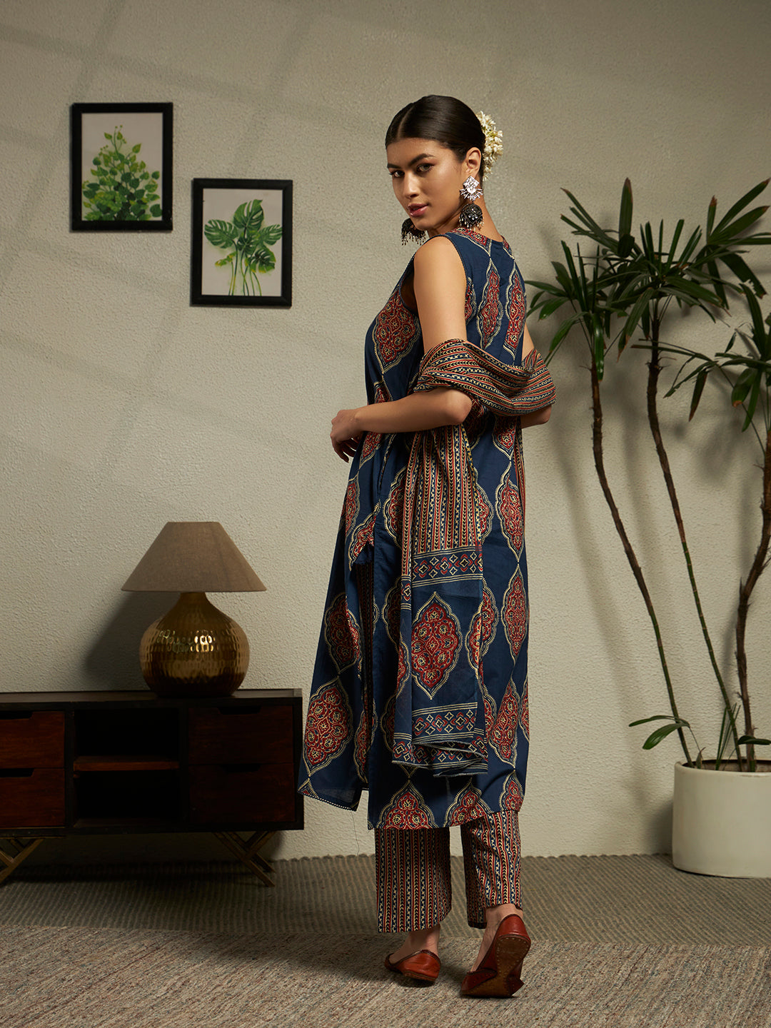 Straight Printed Cotton Kurta And Trousers With Dupatta