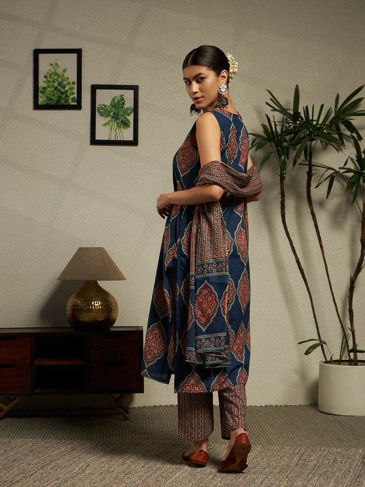 Straight Printed Cotton Kurta And Trousers With Dupatta