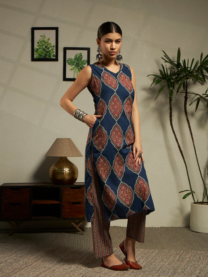 Straight Printed Cotton Kurta And Trousers With Dupatta