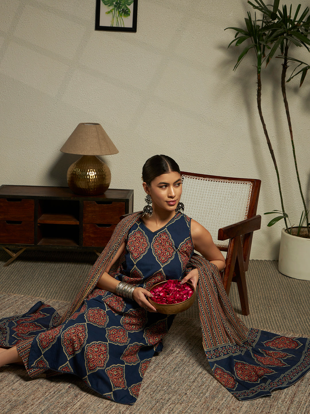 Straight Printed Cotton Kurta And Trousers With Dupatta