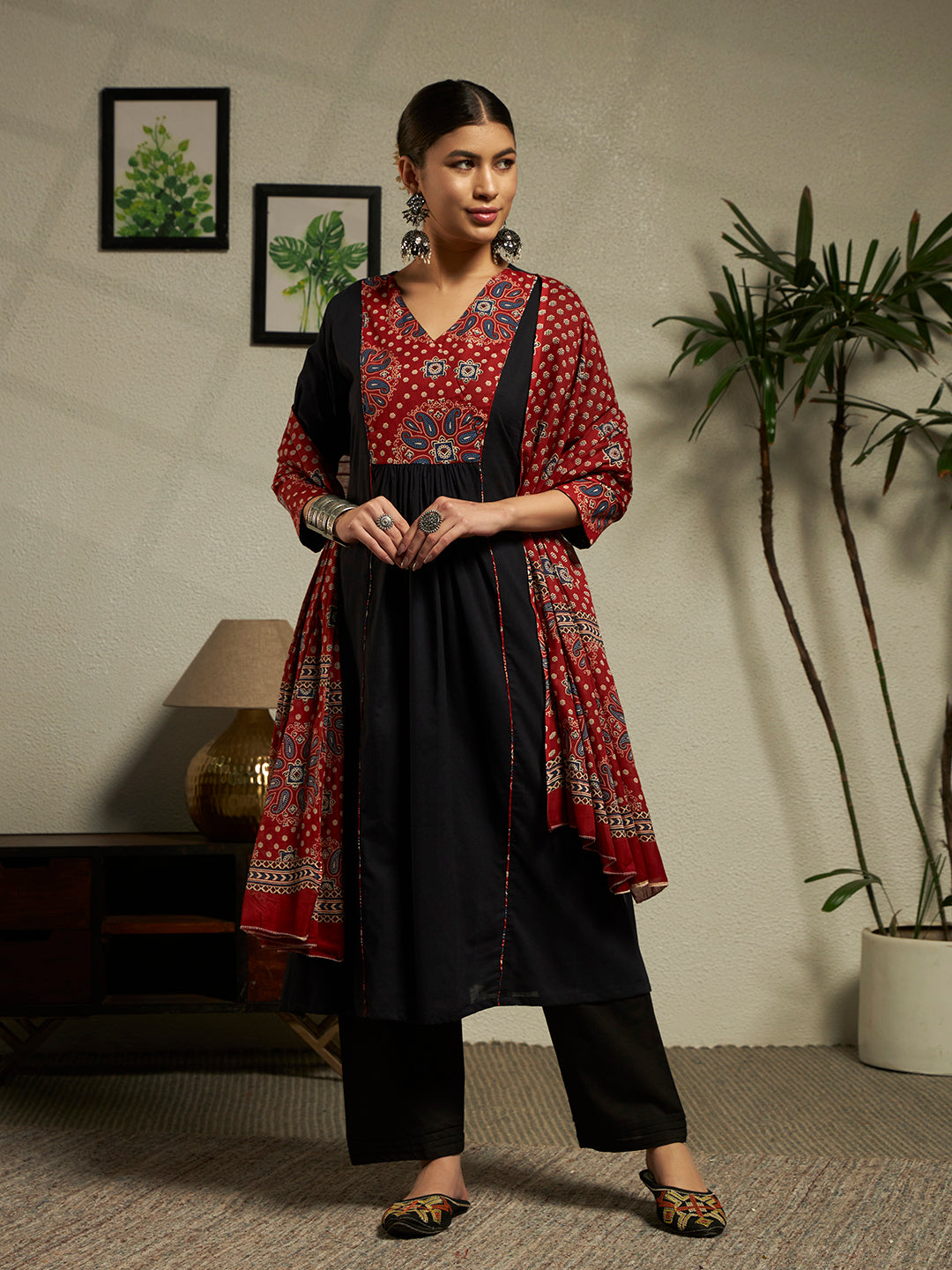 Straight Printed Cotton Kurta And Trousers With Dupatta