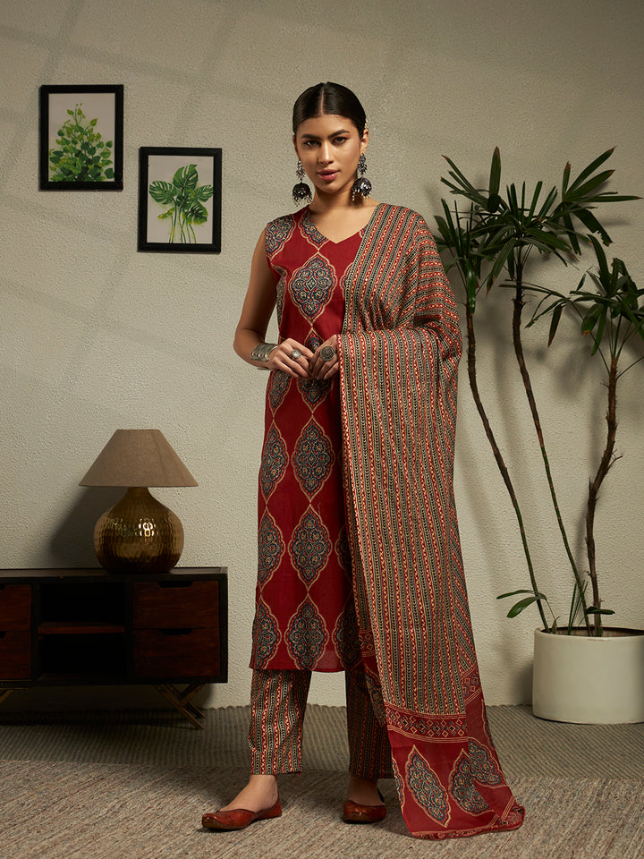 Straight Printed Cotton Kurta And Trousers With Dupatta