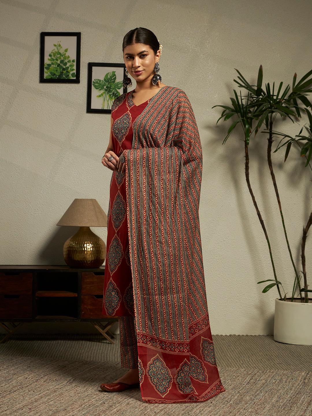Straight Printed Cotton Kurta And Trousers With Dupatta
