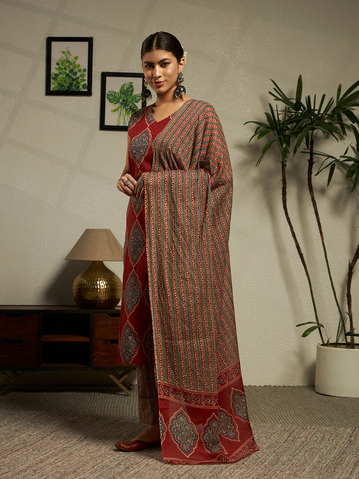 Straight Printed Cotton Kurta And Trousers With Dupatta