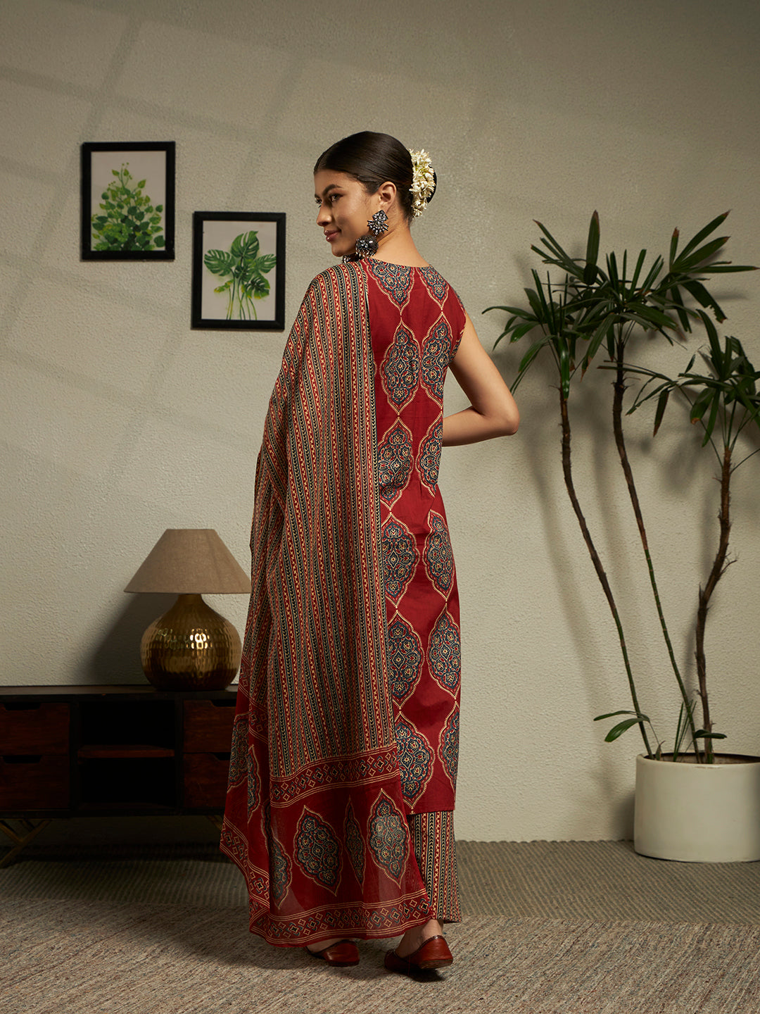 Straight Printed Cotton Kurta And Trousers With Dupatta