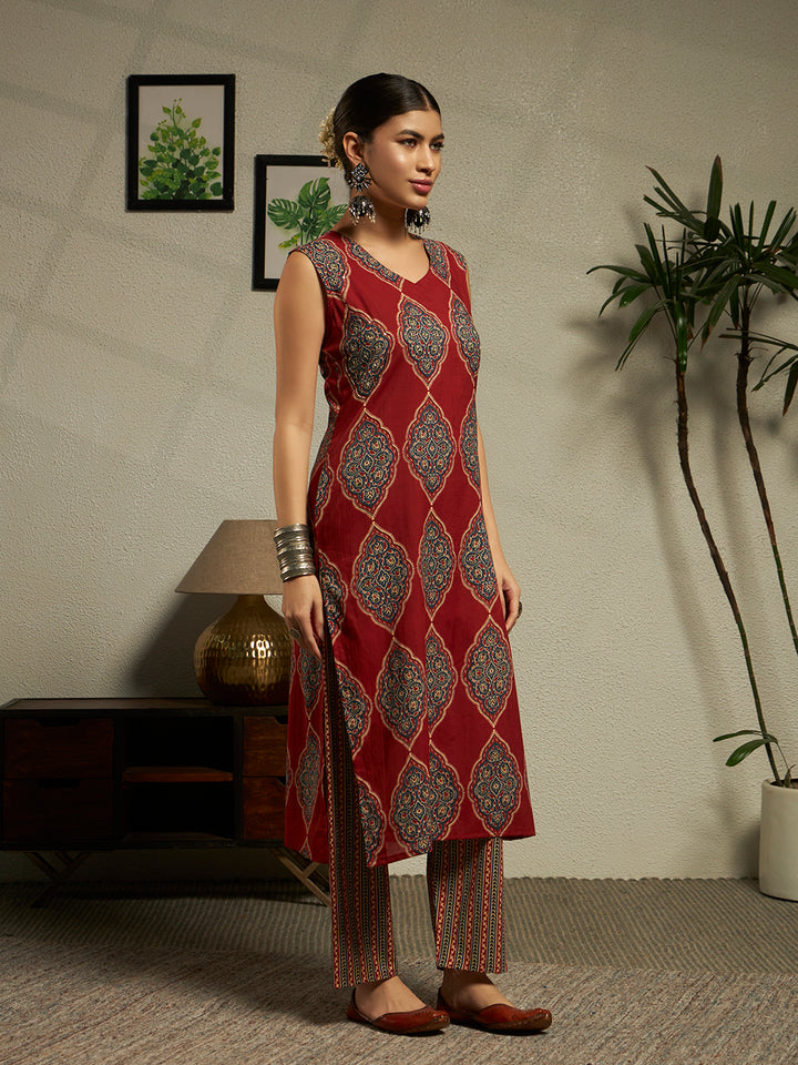 Straight Printed Cotton Kurta And Trousers With Dupatta