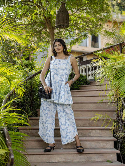 Blue Abstract Printed Peplum Top With Pant
