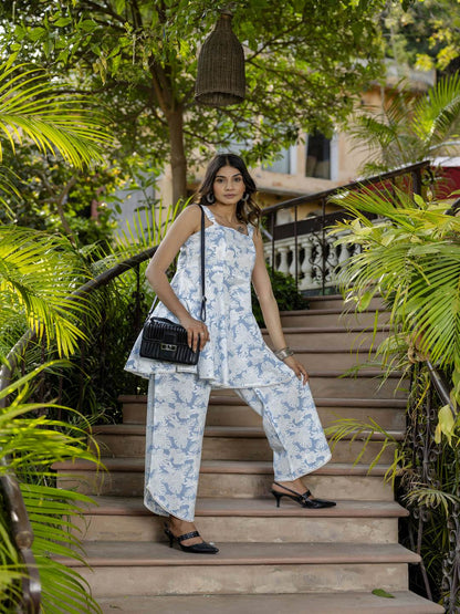 Blue Abstract Printed Peplum Top With Pant