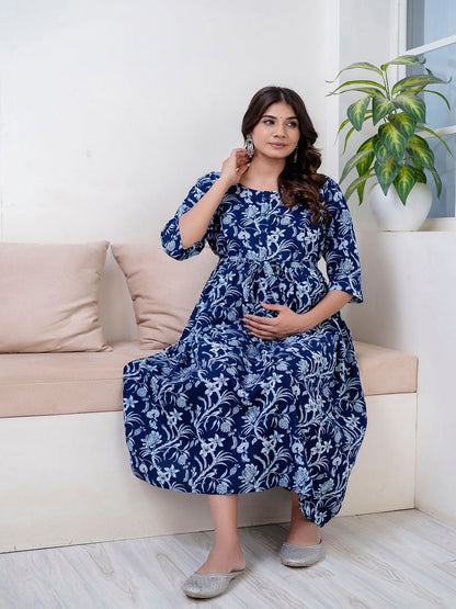 Navy Blue Abstract Printed Maternity Dress For Women