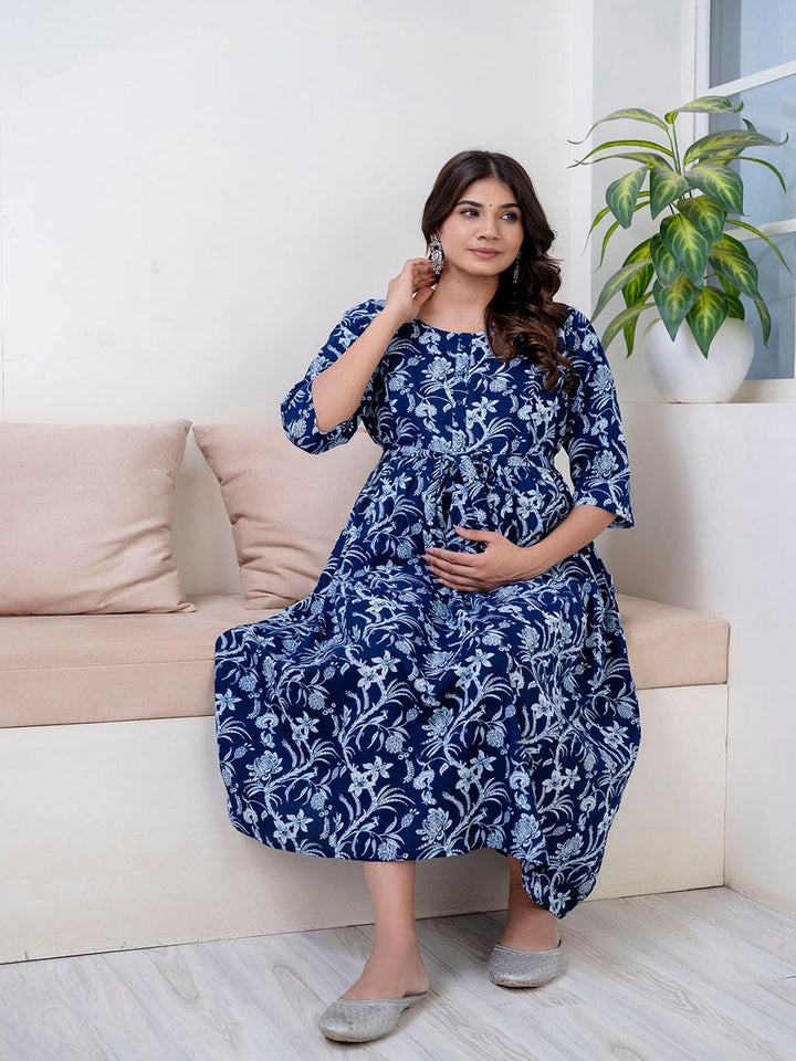 Navy Blue Abstract Printed Maternity Dress For Women
