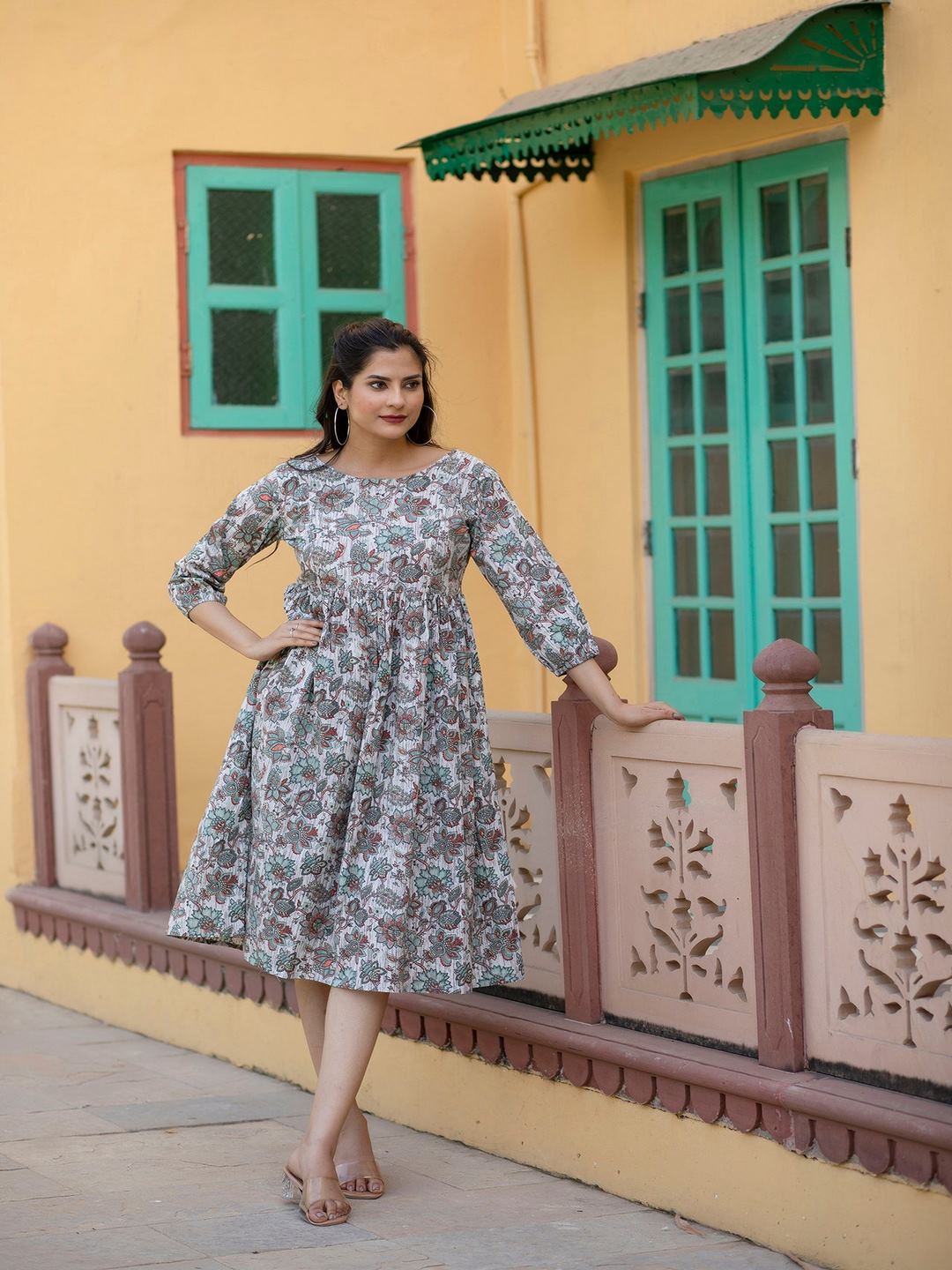 Off-White Ethnic Printed Flared Dress With Three Quarter Sleeves