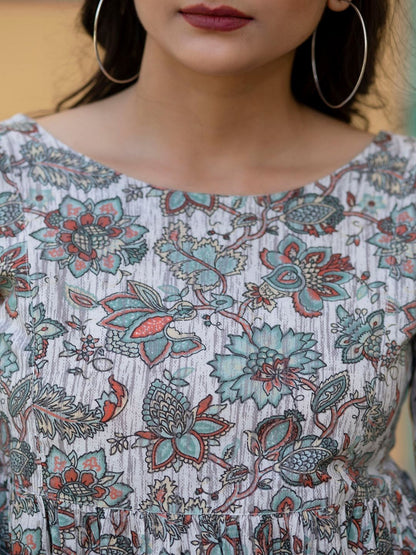 Off-White Ethnic Printed Flared Dress With Three Quarter Sleeves