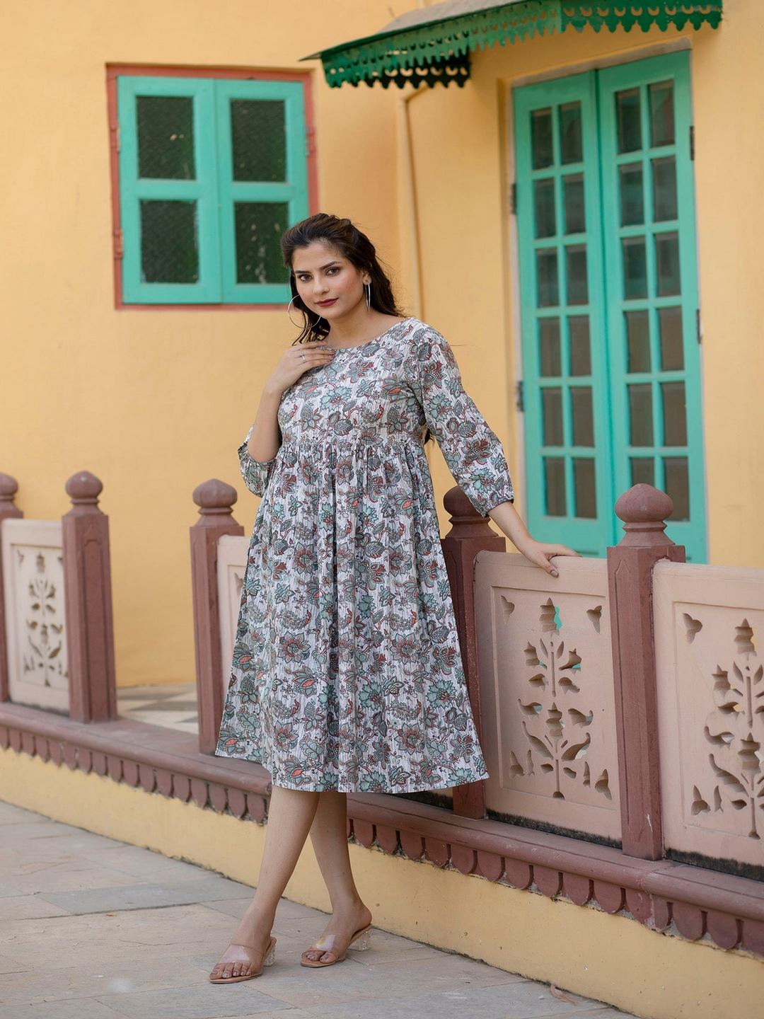 Off-White Ethnic Printed Flared Dress With Three Quarter Sleeves